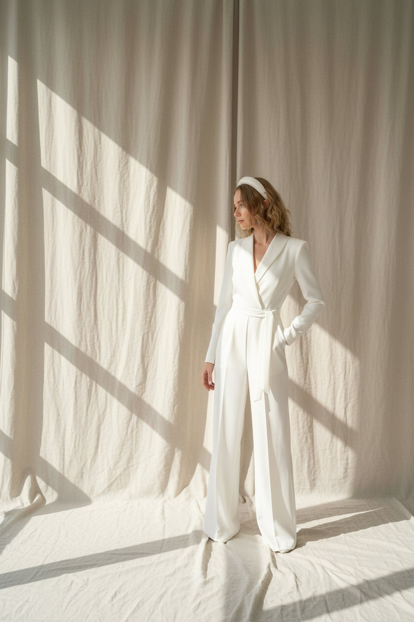 Minimalistischer Braut Haarreif in weiß passend zu Hosenanzug oder Kleid
