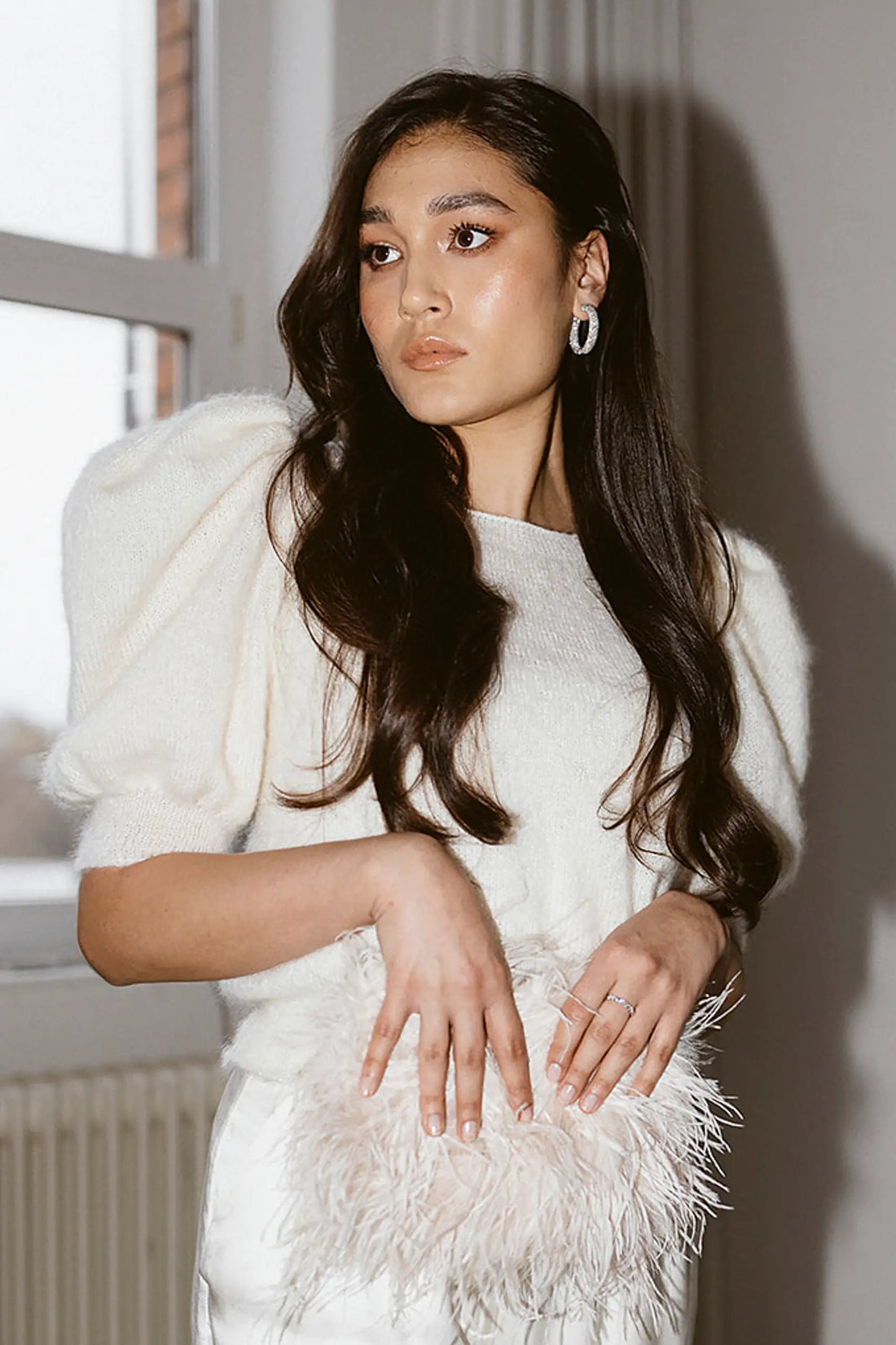 Statement Brautpullover mit Puffärmeln aus Mohair Seide für Standesamt
