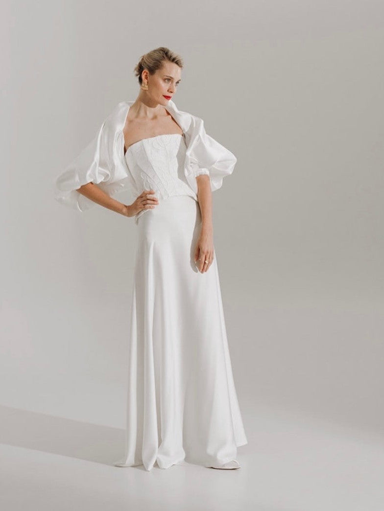 white satin bridal cape